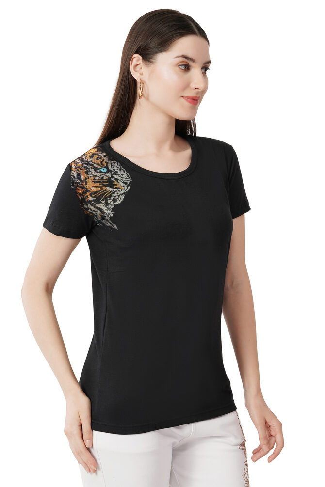 T-Shirt Round Neck Cotton, Half Sleeves Panther Pro Crystal Work T-Shirt Black - Image 4