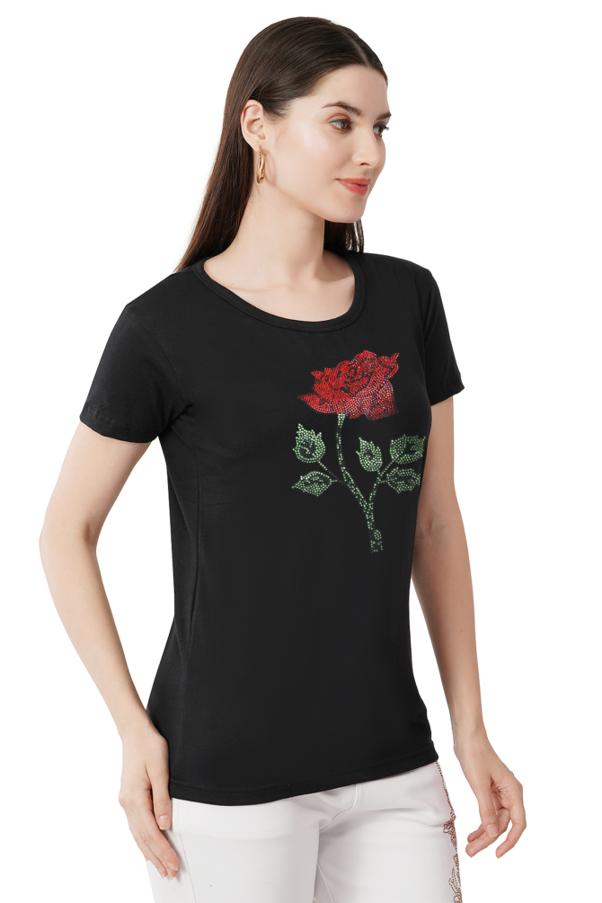 T-Shirt Half Sleeves Round Neck Design Rose flower Crystal Work Size (S-4XL) - Image 3