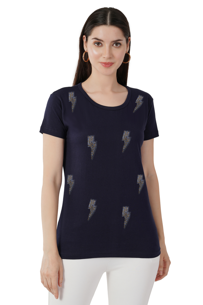 T-Shirt Half Sleeves Round Neck Design Lightning motif Crystal Work