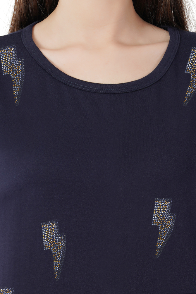 T-Shirt Half Sleeves Round Neck Design Lightning motif Crystal Work - Image 3