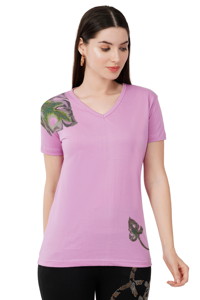 T-Shirt Round Neck Cotton, Half Sleeves Multi Color Leaf Crystal Work Size ( S-4XL) - Image 2