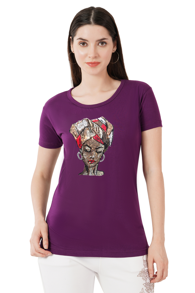 T-Shirt Round Neck Cotton, Half Sleeves Turbon Girl Face Crystal Work Size ( S-4XL) - Image 3