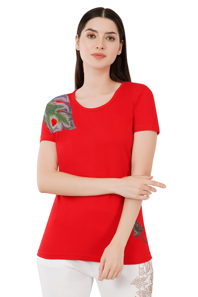 T-Shirt Round Neck Cotton, Half Sleeves Multi Color Leaf Crystal Work Size ( S-4XL) - Image 8