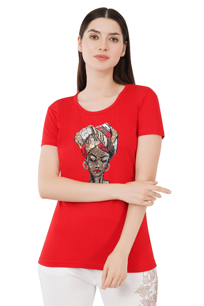 T-Shirt Round Neck Cotton, Half Sleeves Turbon Girl Face Crystal Work Size ( S-4XL) - Image 2