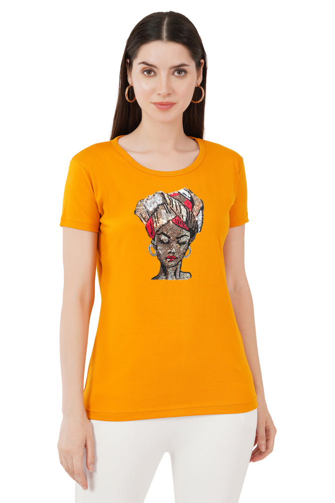 T-Shirt Round Neck Cotton, Half Sleeves Turbon Girl Face Crystal Work Size ( S-4XL) - Image 6