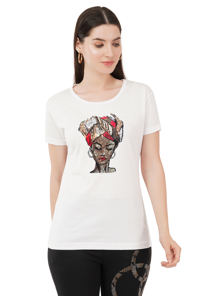 T-Shirt Round Neck Cotton, Half Sleeves Turbon Girl Face Crystal Work Size ( S-4XL) - Image 7