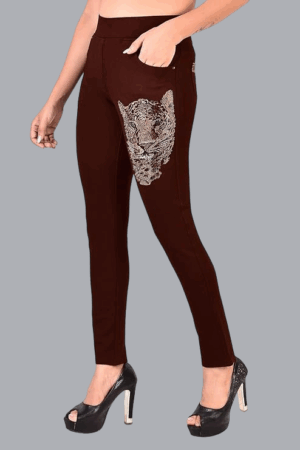 Plum Wine Slim Fit Jeggings for Women – Tiger Face Design with Crystal Work