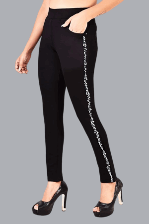 Black Stretchable Slim Fit Jeggings for Women – Sparkle Crystal Work Design