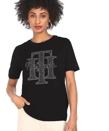Women Black V-Neck Crystal Logo T-Shirt