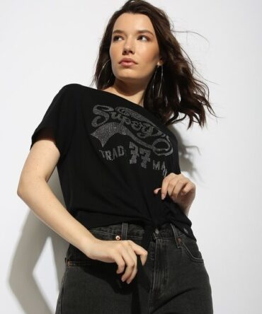 77 Rhinestone Brand Print Regular Fit Round-Neck T-Shirt
