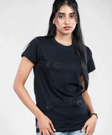 Crystal Embellished Black T-Shirt for Women Crew Neck Size ( S- 4XL )