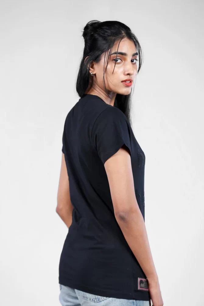 Crystal Embellished Black T-Shirt for Women Crew Neck Size ( S- 4XL )