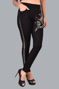 Black Stretchable Slim Fit Jeggings for Women – Crystal Work Bird on Tree Design